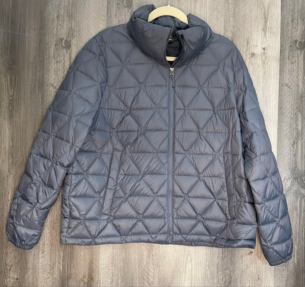 Eddie Bauer Women’s XL Down Puffer Jacket Gray Blue Diamond Quilted Lightweight